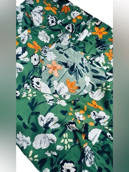 Green Floral Ruffle Sleeve Tiered Dress Size M Cotton Lined Boutique - Picture 6 of 8